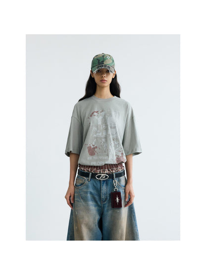 Peoplesense Vintage Distressed White Ink Print Loose Cotton Tee