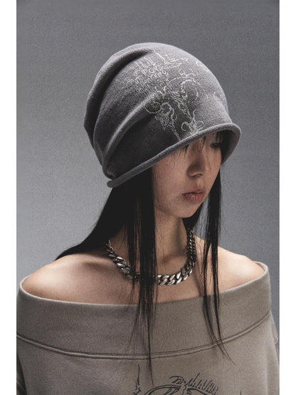 NONAME SPACE Tri Color Printed Knit Rolled Brim Slouchy Beanie