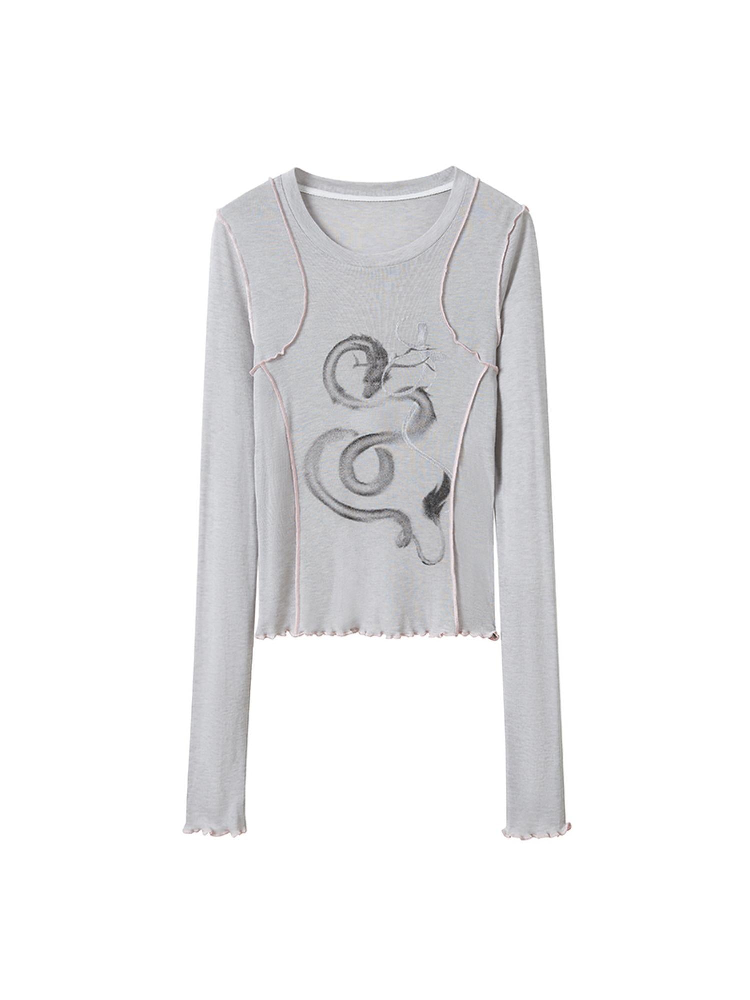 Dragon Year Ink Print Slim Base Layer Soft Wool Blend Tee
