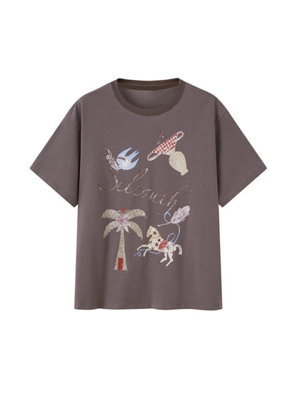 DIDDI MODA Bohemian Print Loose Fit Vintage Graphic Tee