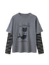 DIDDI MODA Mermaid Cat Oversized Layered Tee With Stripe Sleeves