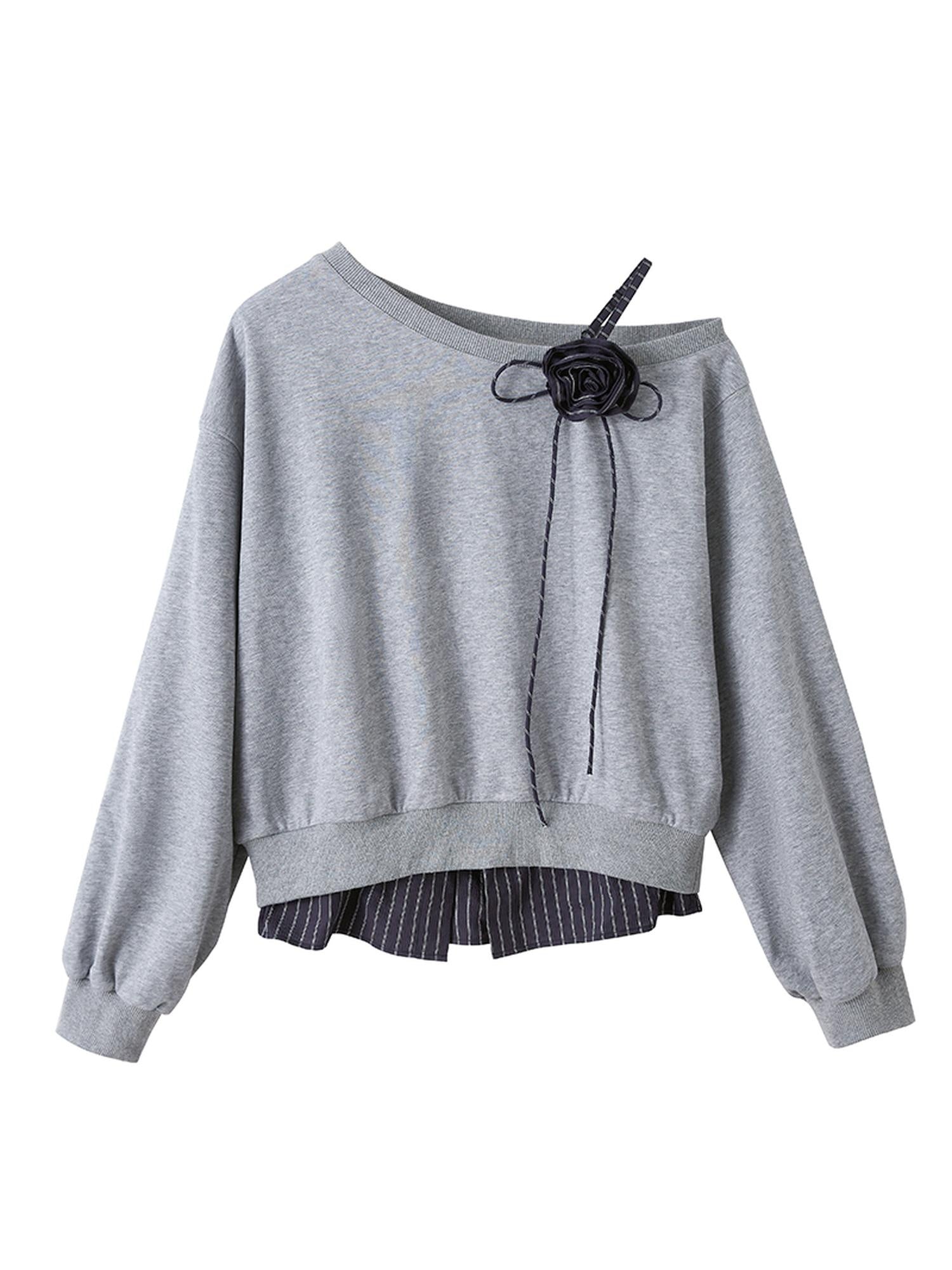 DIDDI MODA Slanted Shoulder Floral Ribbed Hem Sweatshirt