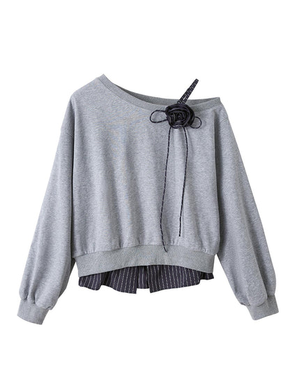 DIDDI MODA Slanted Shoulder Floral Ribbed Hem Sweatshirt