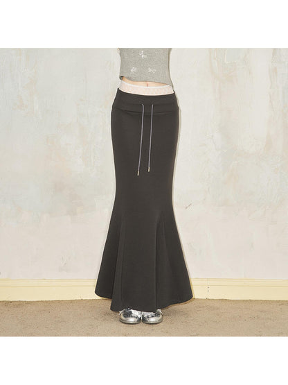 DIDDI MODA Sporty Lace Waist Flared Knit Skirt With Drawstring