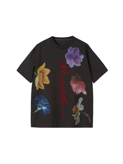 DIDDI MODA Floral Flock Abstract Letter Print Summer T Shirt