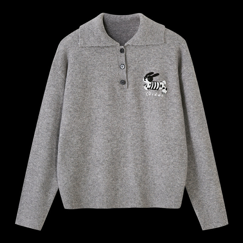 DIDDI MODA Cozy Puppy Embroidered Polo Sweater