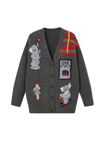 DIDDI MODA Vintage Ski Koala Embroidered Knit Cardigan