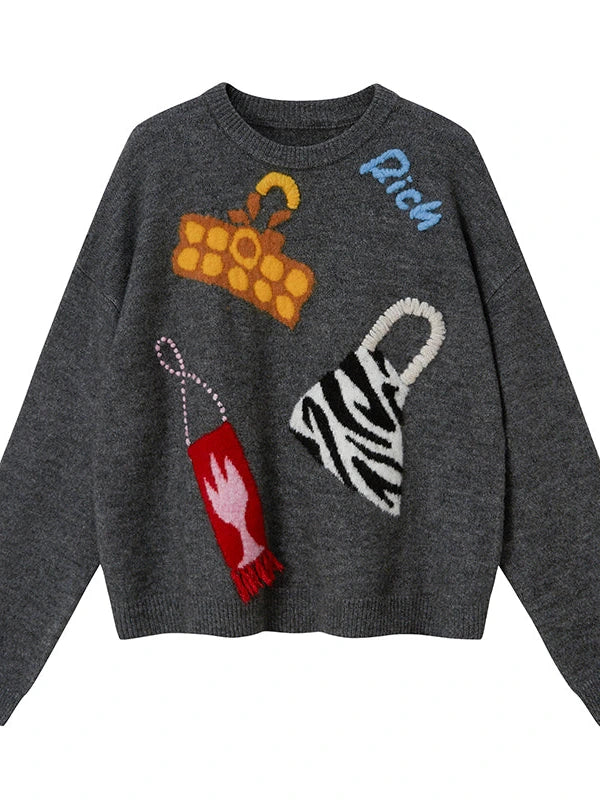 Fun Colorful Bag Embroidered Knit Sweater