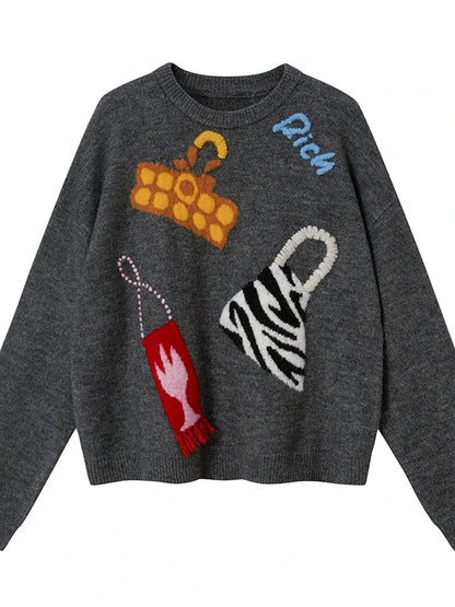 Fun Colorful Bag Embroidered Knit Sweater
