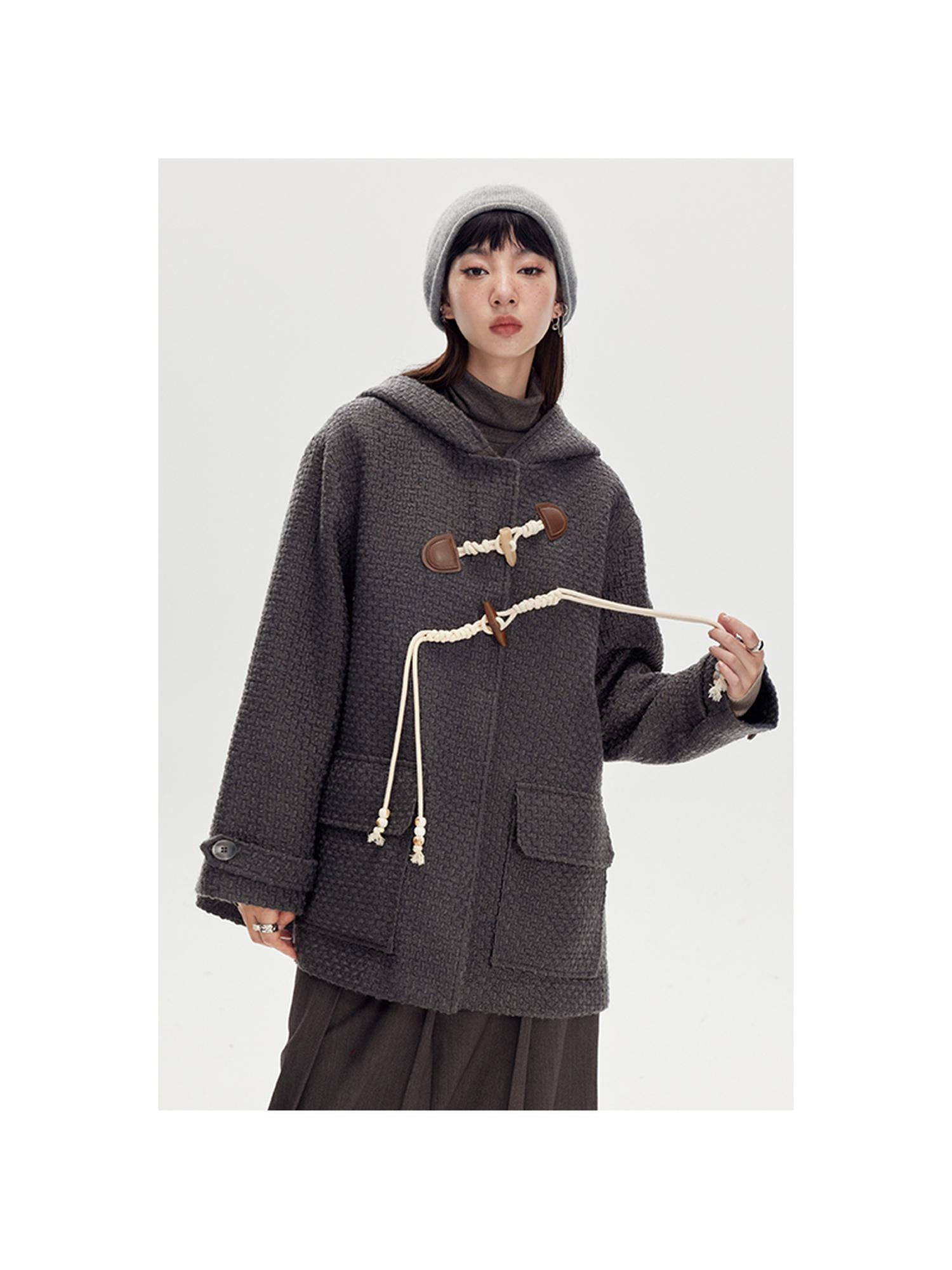 DIDDI MODA Vintage Wool Hooded Peacoat With Horn Buttons