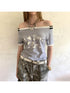 DIDDI MODA Elegant Off Shoulder Puppy Print Tee