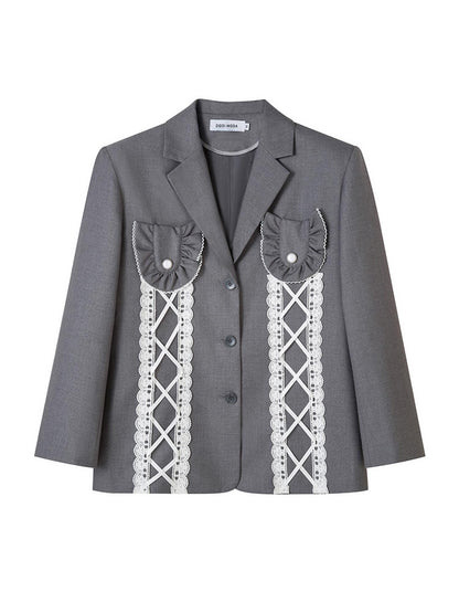 DIDDI MODA Lace Trimmed Peplum Blazer With Pearl Buttons