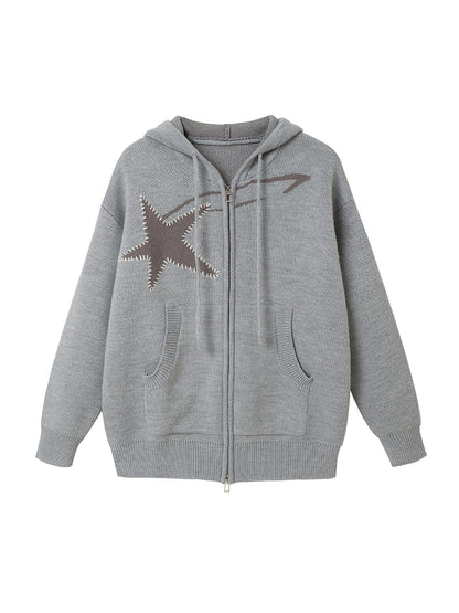 DIDDI MODA Vintage Star Oversized Hooded Wool Sweater Coat