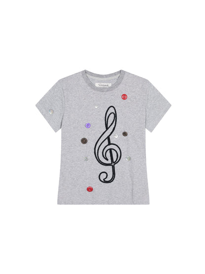 Achihara Music Button Embroidered Tc Fabric Short Sleeve T-Shirt