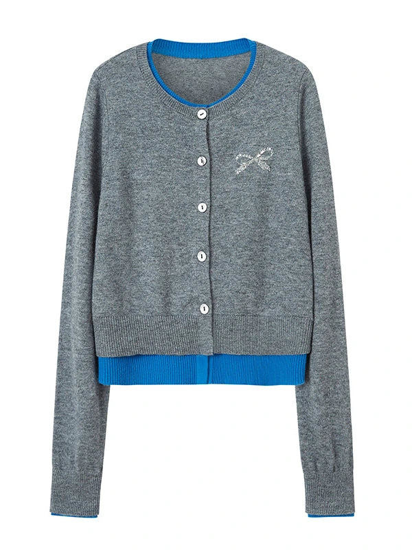Two Tone Layered Bow Embroidered Cardigan