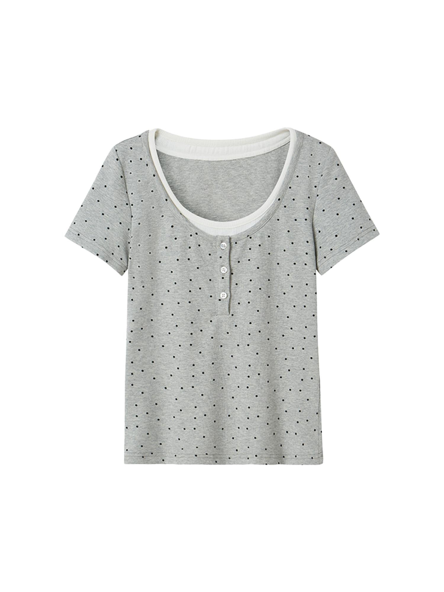 DIDDI MODA Polka Dot Mock Neck Contrast Trim Fitted Tee