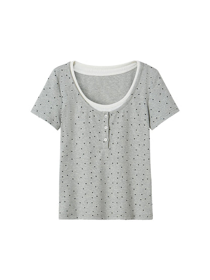 DIDDI MODA Polka Dot Mock Neck Contrast Trim Fitted Tee