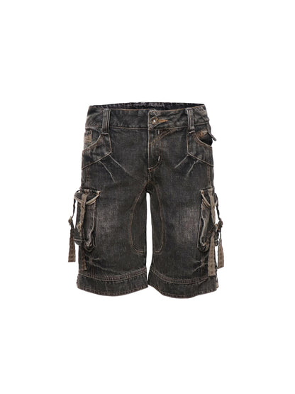 Flowers birds Market Multi-Pocket Vintage Washed Denim Low-Rise Design Shorts