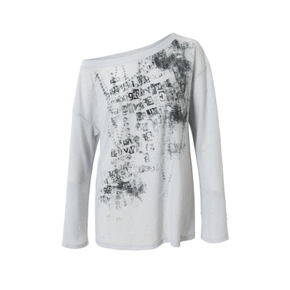 NO ROMANCE Oversized Punk Print Off-Shoulder Long Sleeve T-Shirt
