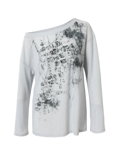 Oversized Punk Print Off-Shoulder Long Sleeve T-Shirt