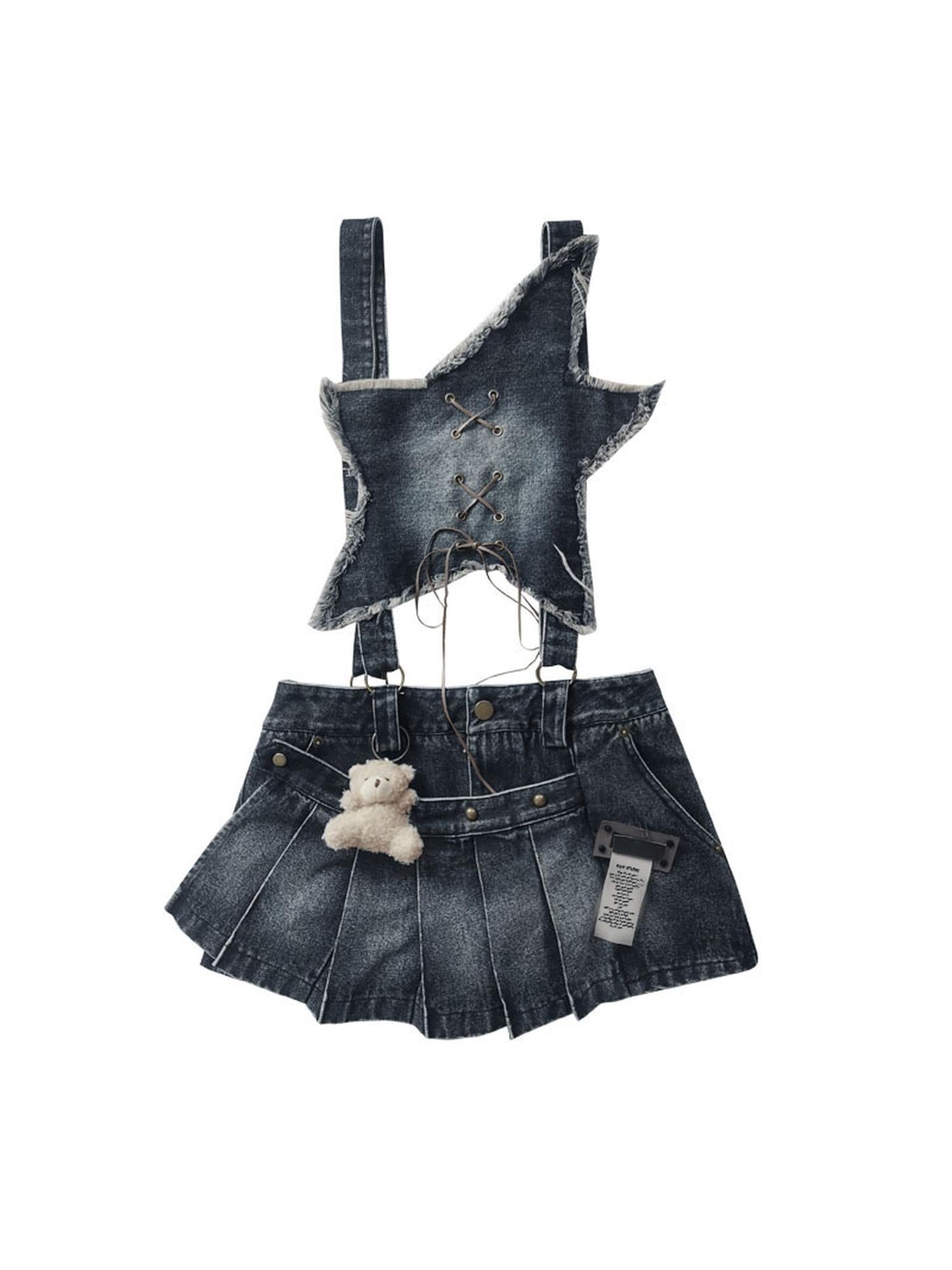 WSW WUSHENWU Playful Bear Detachable Denim Jumpskirt