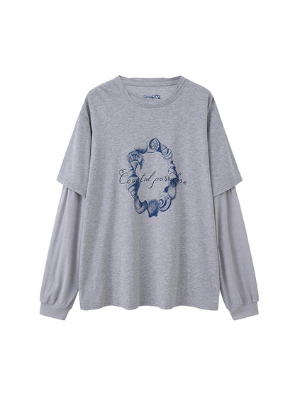 DIDDI MODA Ocean Shell Print Layered Loose Long Sleeve Tee