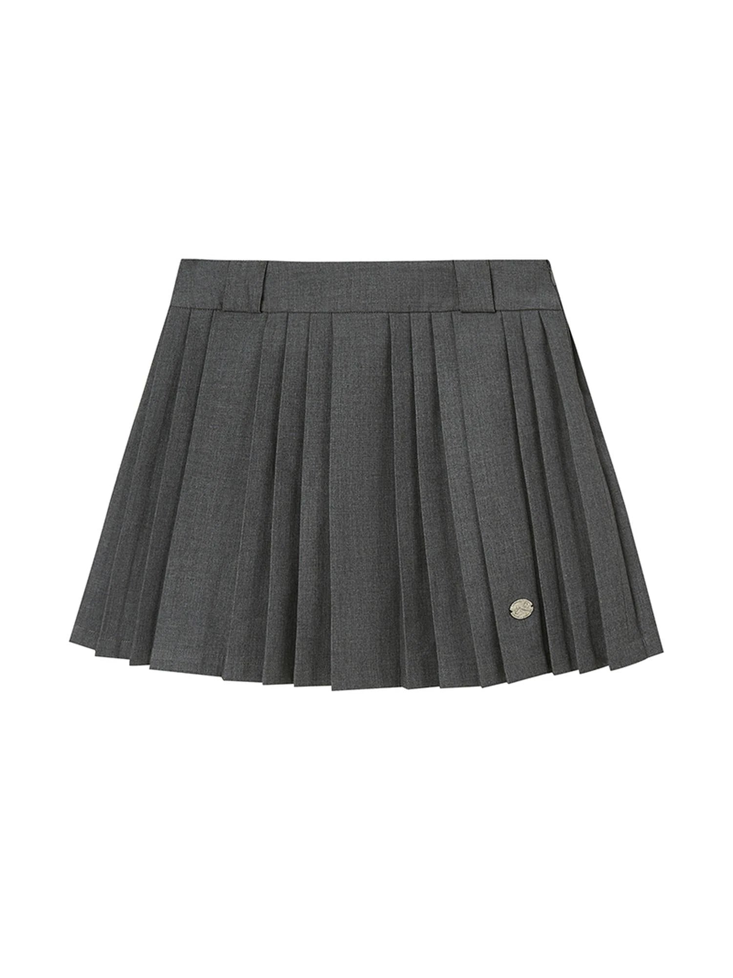 Pleated Mini Skirt With Metallic Logo Structured Flowy