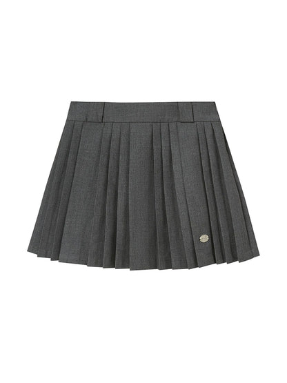 Pleated Mini Skirt With Metallic Logo Structured Flowy