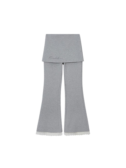 DIDDI MODA Lace Trimmed Embroidered Knit Flared Pants With Layered Design