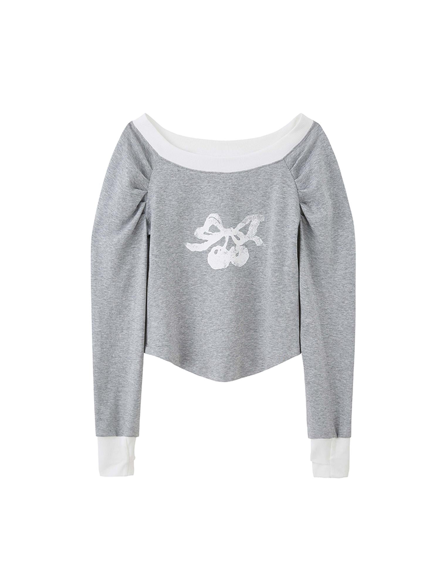 DIDDI MODA Cherry Bow Pleated Off Shoulder Sweatshirt