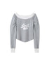 DIDDI MODA Cherry Bow Pleated Off Shoulder Sweatshirt