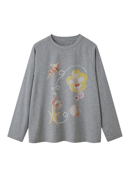 DIDDI MODA Floral Shell Print Loose Fit Long Sleeve Tee