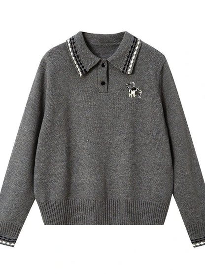 Academy Style Polo Knit With Embroidered Kitty And Heart
