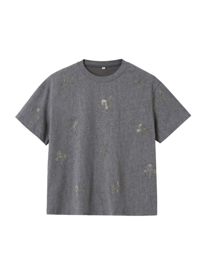 DIDDI MODA Butterfly Bow Crystal Embellished Oversized Tee
