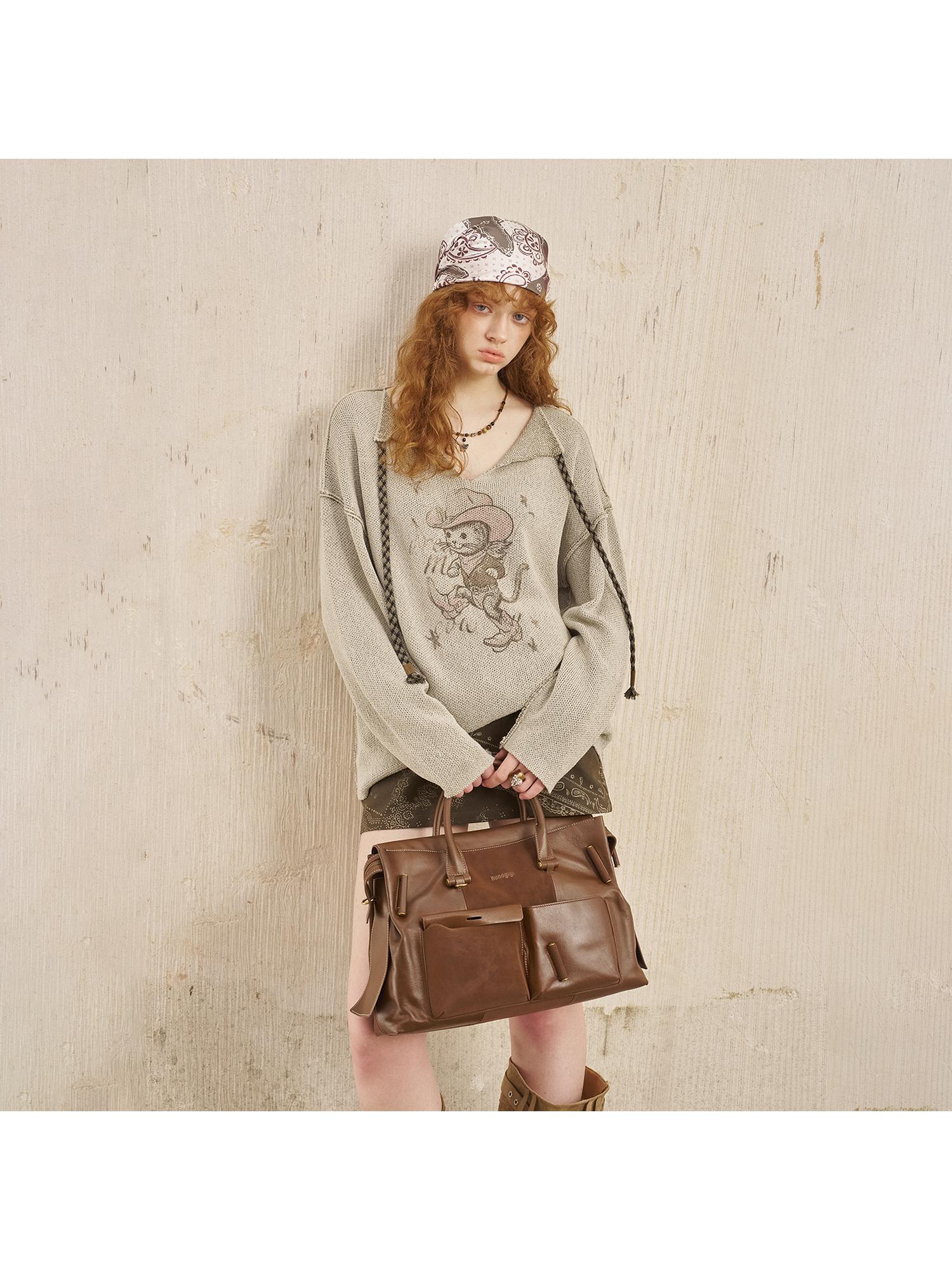 DIDDI MODA Western Cat V Neck Loose Knit Top