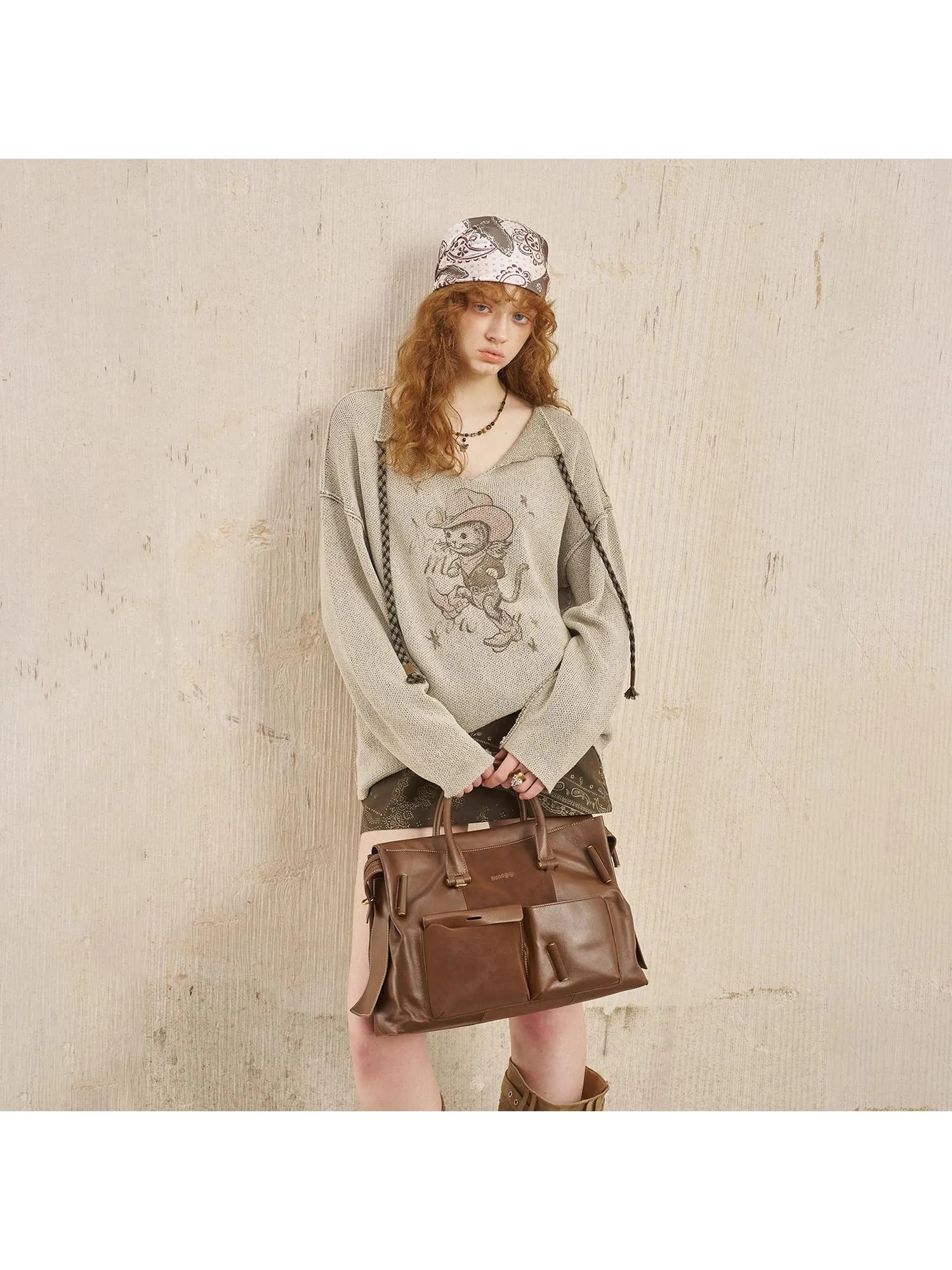 Western Cat V Neck Loose Knit Top