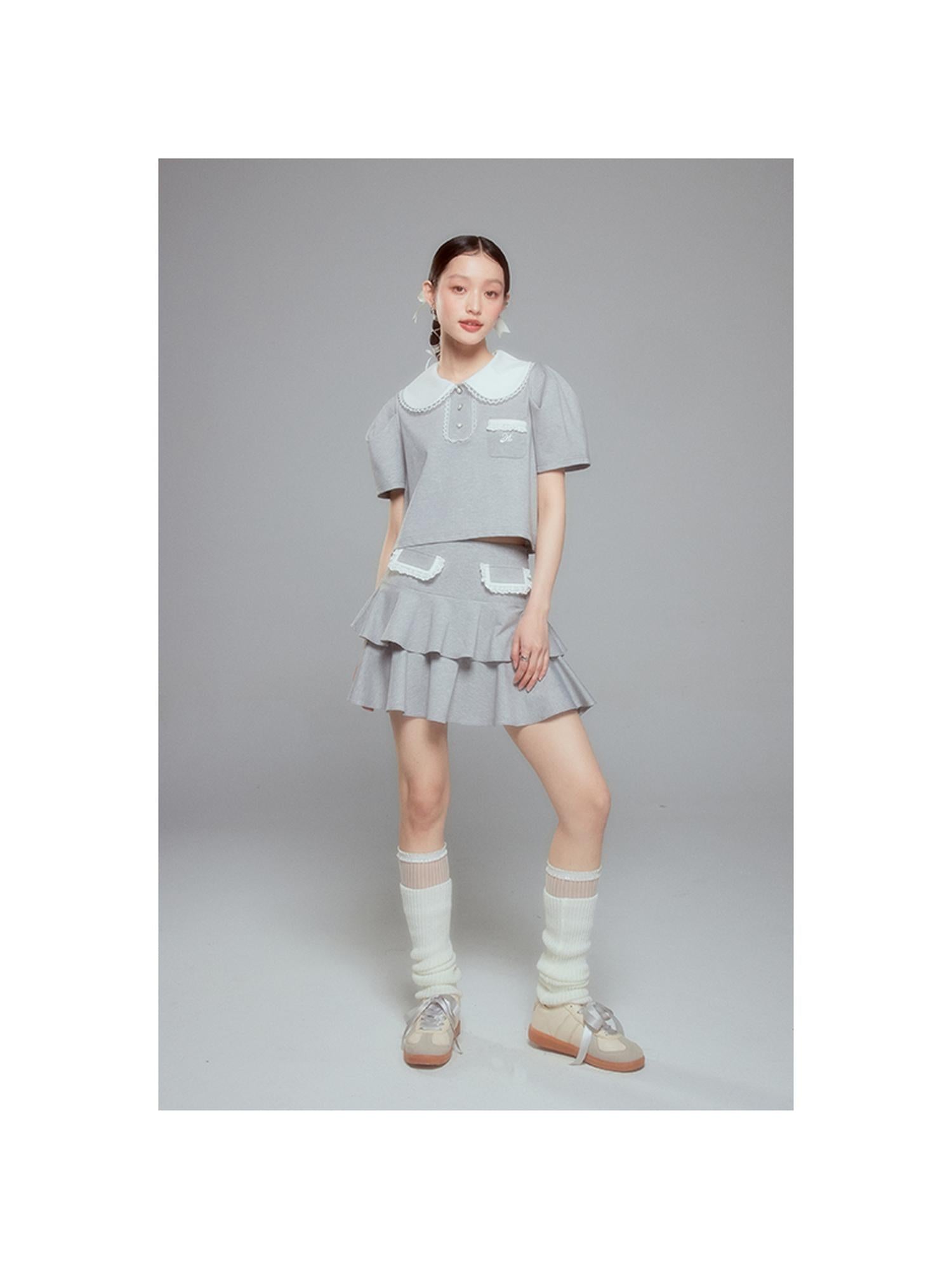DIDDI MODA Balletcore Knit Set Soft Contrast Trim Top Skirt