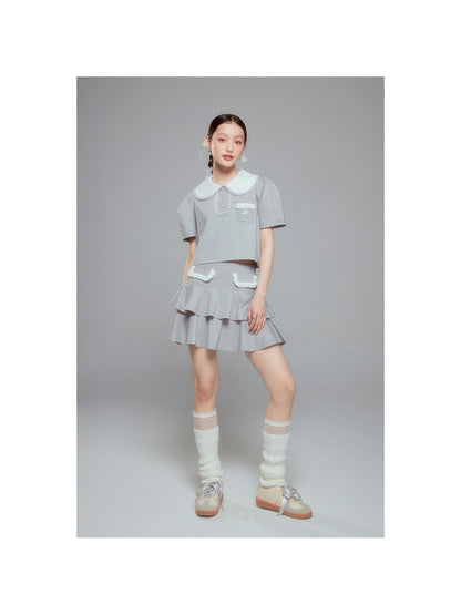 DIDDI MODA Balletcore Knit Set Soft Contrast Trim Top Skirt