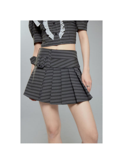 DIDDI MODA Sweet Tart Plaid Set Puff Sleeve Top Pleated Skirt