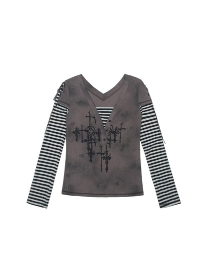 ARIADNAw Ariadna Gothic Print V Neck Tee Punk Streetwear Women Top