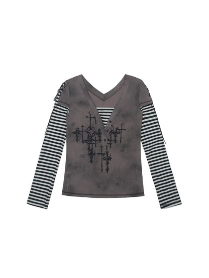 Ariadna Gothic Print V Neck Tee Punk Streetwear Women Top