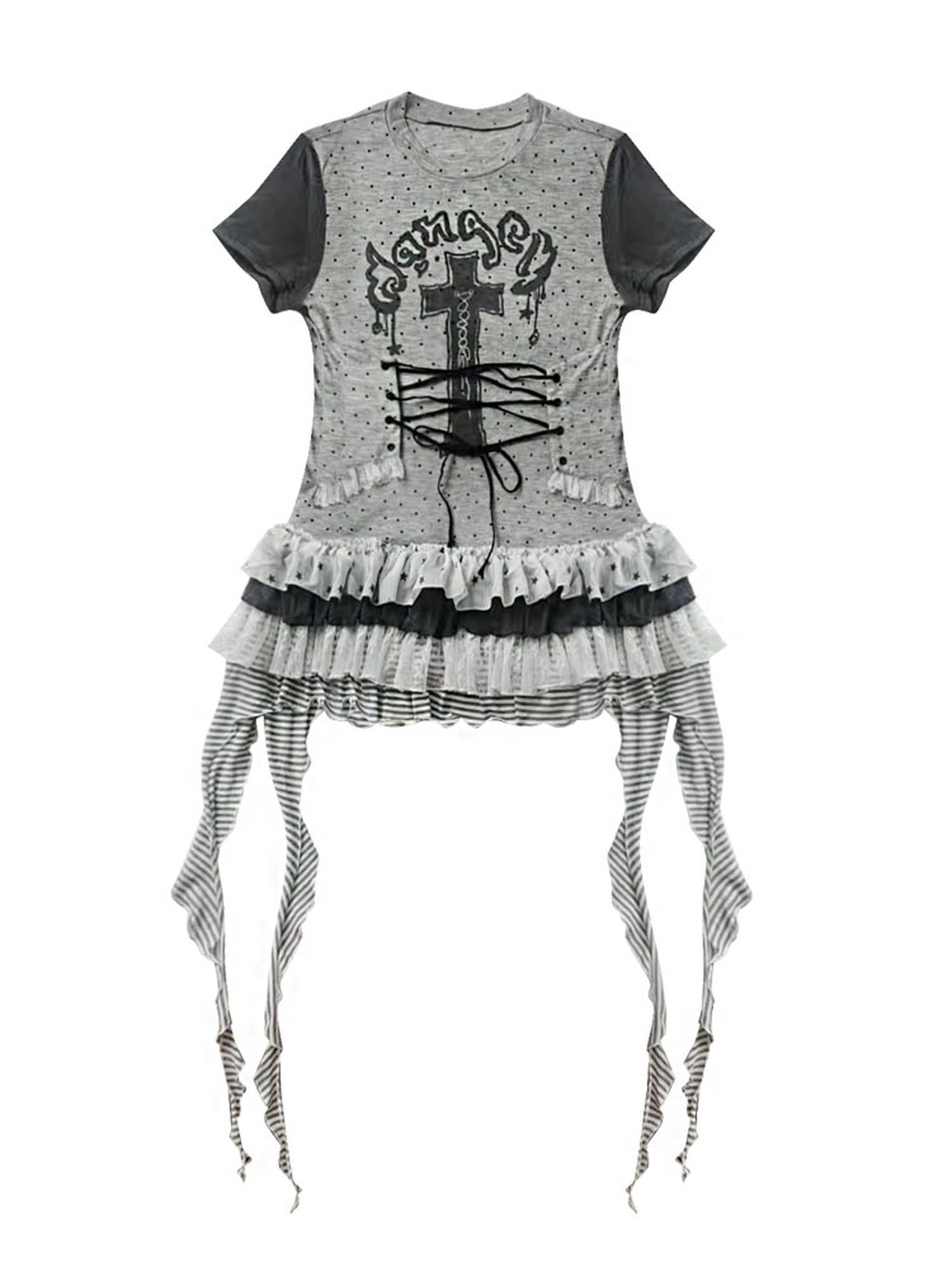 WSW WUSHENWU Tear Garden Asymmetrical Lace Tee Dress