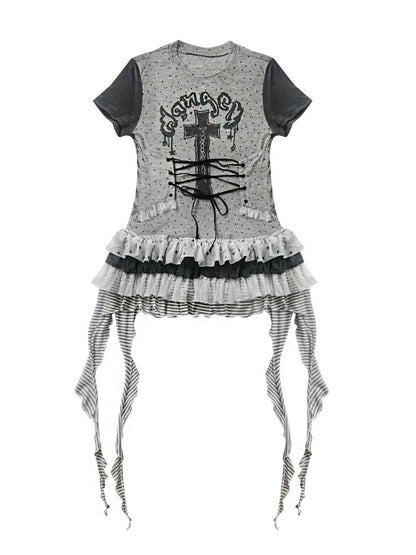 WSW WUSHENWU Tear Garden Asymmetrical Lace Tee Dress