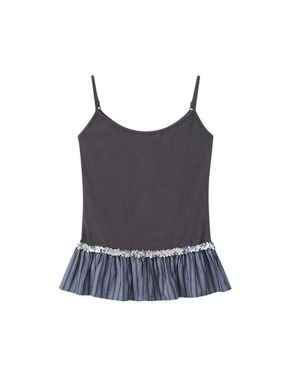 DIDDI MODA Pleated Lace Trim Contrast Slim Camisole