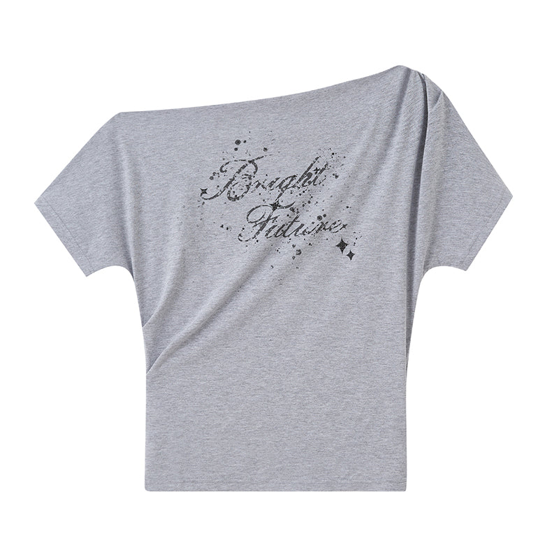 DIDDI MODA Off Shoulder Letter Graphic Rhinestone Pleated Tee