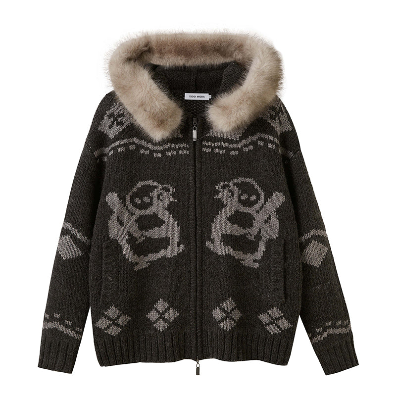 DIDDI MODA Penguin Fair Isle Hooded Cardigan With Detachable Fur Collar
