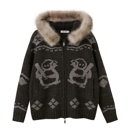 DIDDI MODA Penguin Fair Isle Hooded Cardigan With Detachable Fur Collar