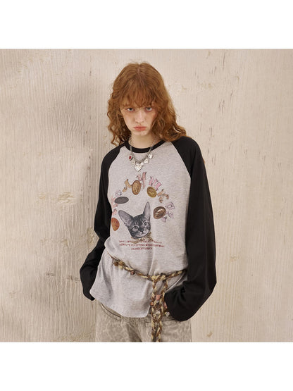 DIDDI MODA Retro Cat Coin Raglan Sleeve Tee