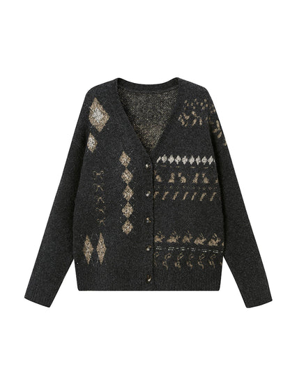 DIDDI MODA Fair Isle Knit Cardigan Retro Diamond Pattern Long Sleeve Coat