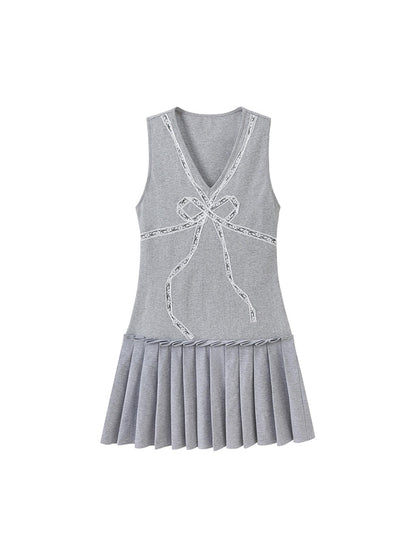 DIDDI MODA Elegant V Neck Lace Bow Ruffle Knit Dress